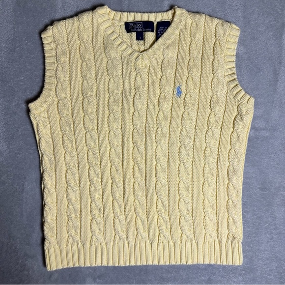 Polo Ralph Lauren Boys V-Neck Yellow Cable Knit Sweater Vest Size 7 Preppy - Picture 1 of 7